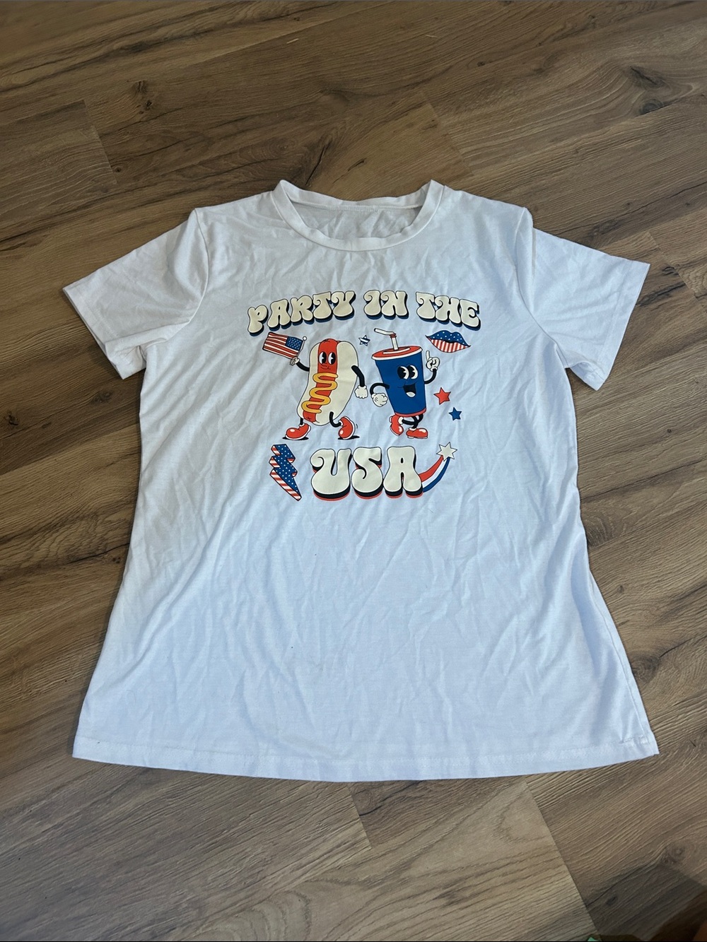 Amazon White Kids Tee with Red & Blue Patriotic Snack Characters